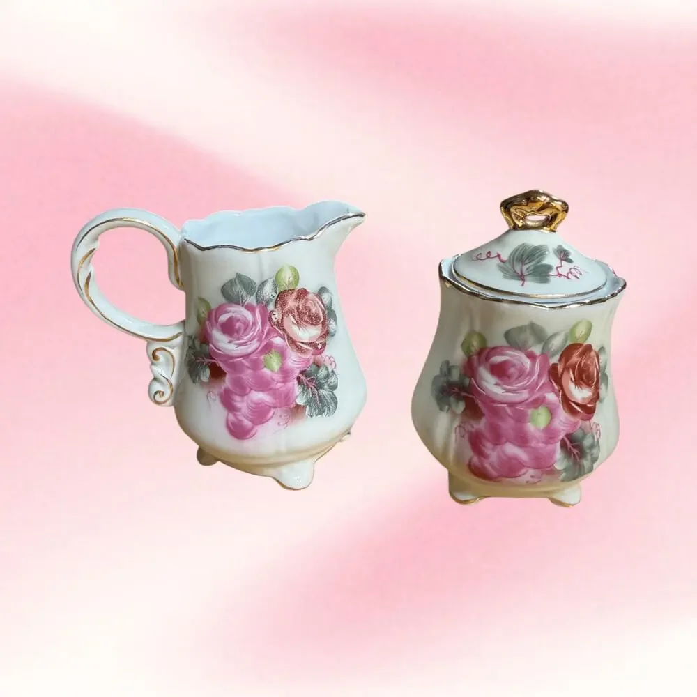 Vintage Nippon Marked Rose Creamer Sugar Bowl Set Gold Trim Grandmillennial